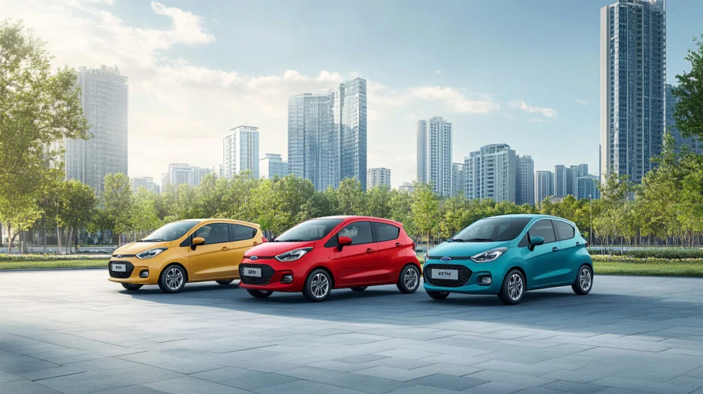 Три автомобиля на фоне городских небоскребов