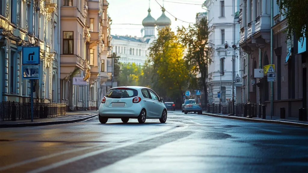 Утро в городе, автомобиль на улице