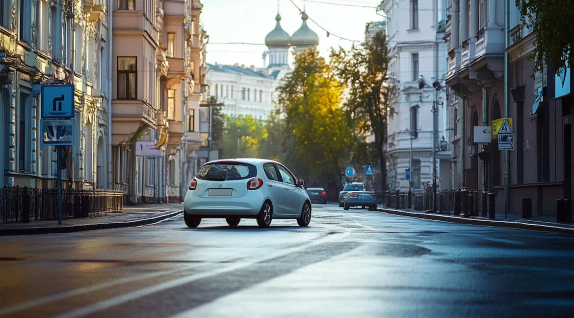 Утро в городе, автомобиль на улице