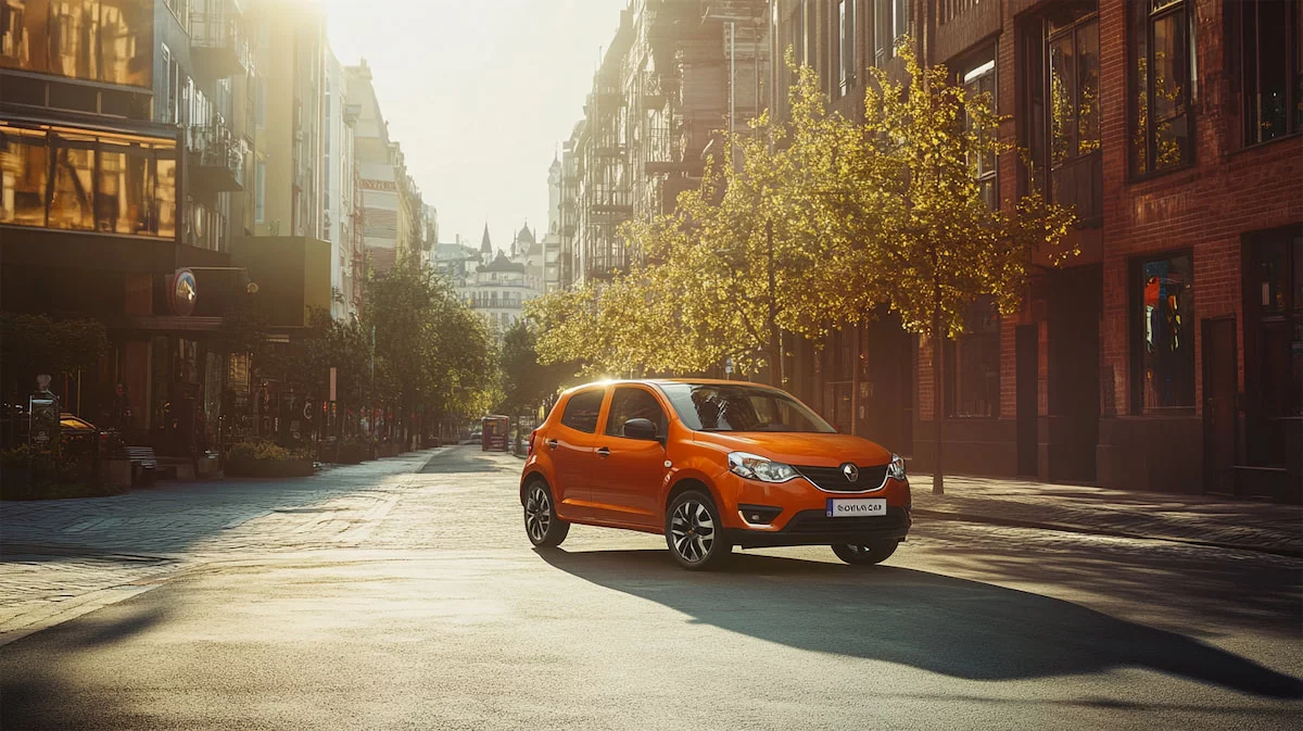 Оранжевый автомобиль на городской улице