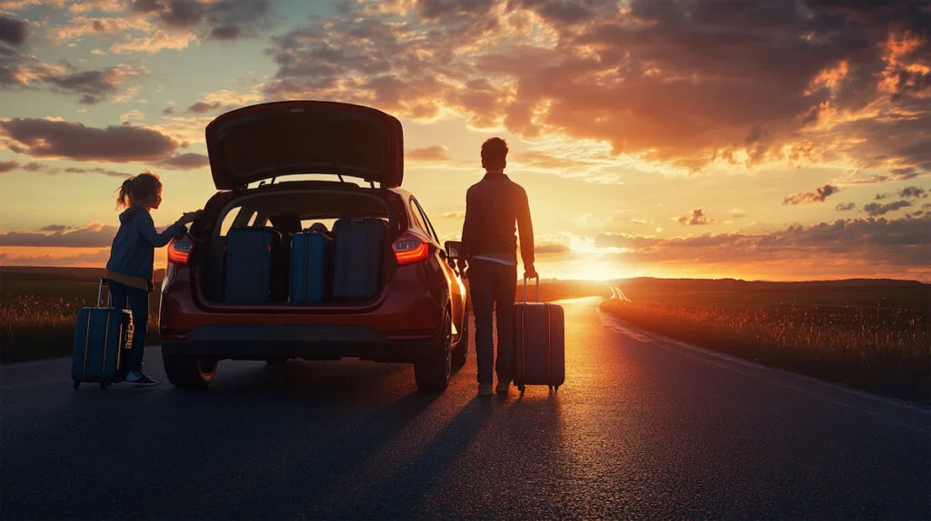 Семья с багажом на закате у машины