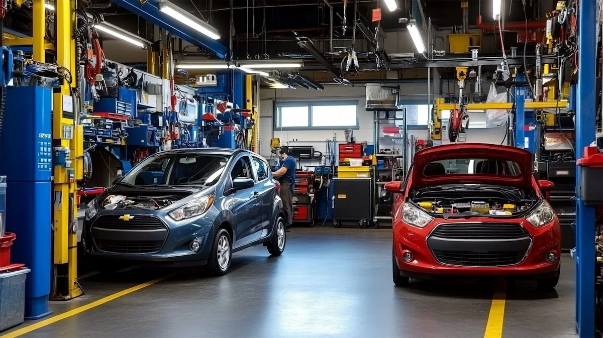 Автосервис с двумя автомобилями на обслуживании