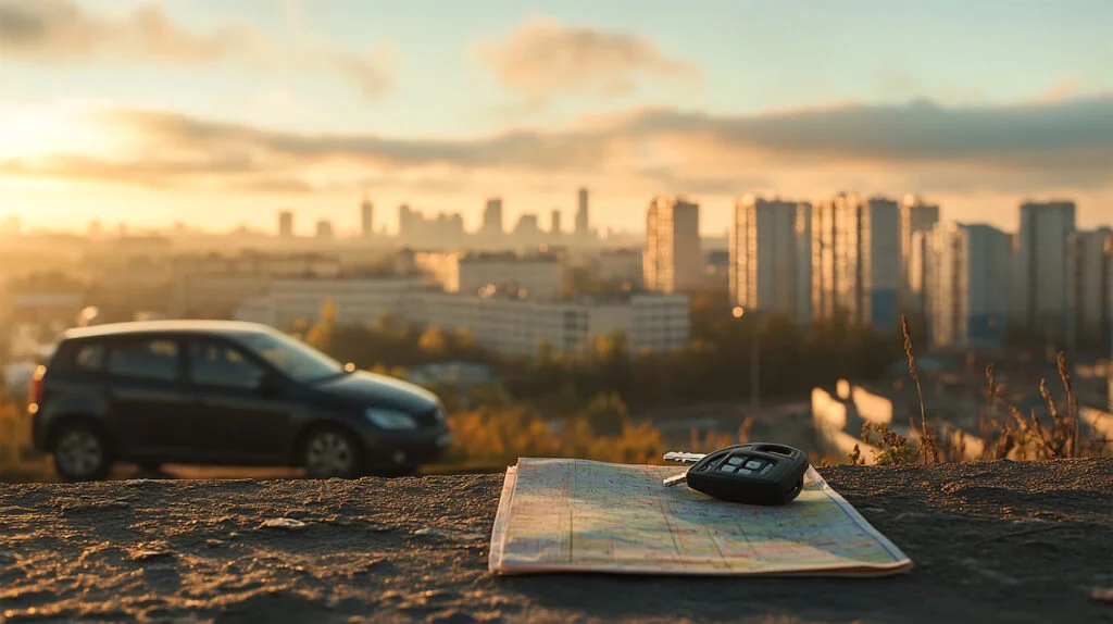 Карта и ключи, автомобиль на фоне города