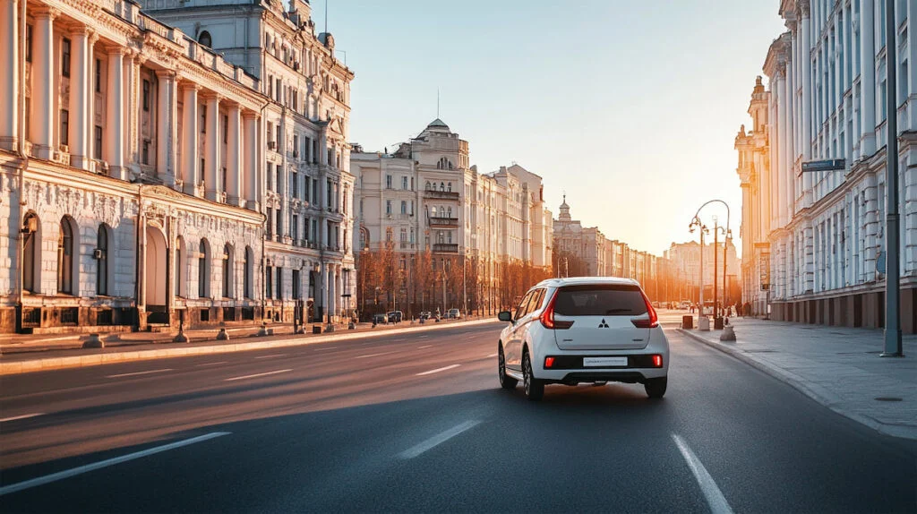 Белый автомобиль едет по улице города на закате.