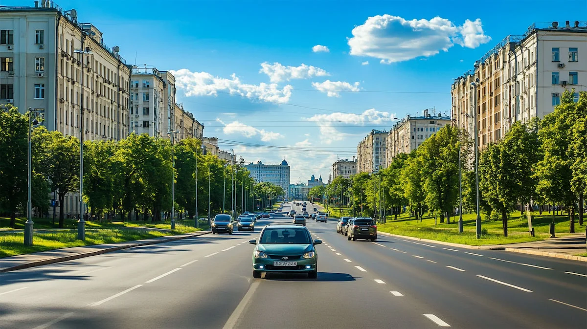 Дорога в городе с машинами и зданиями