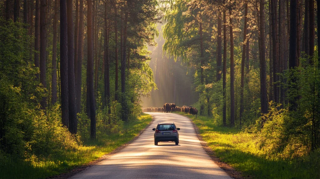 Автомобиль на лесной дороге с бизонами