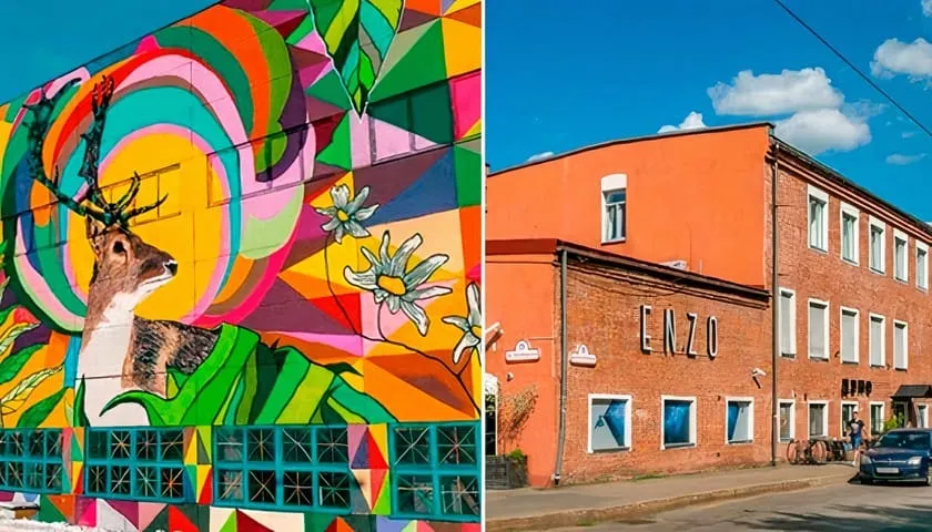 Яркий мурал с оленем, красное здание на улице.