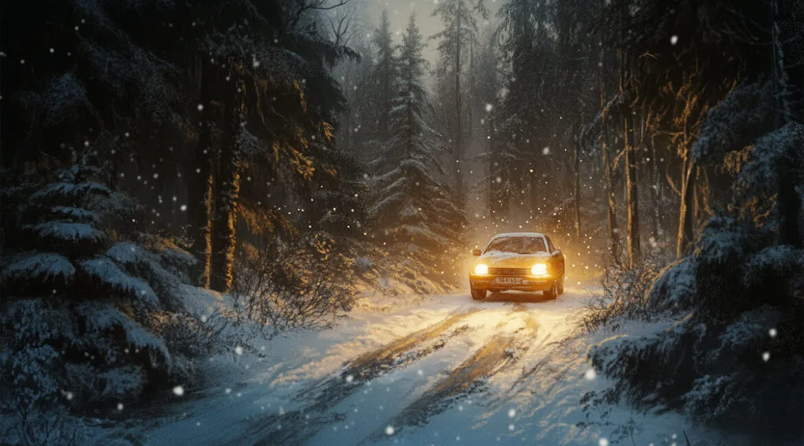 Автомобиль в зимнем лесу с включенными фарами.