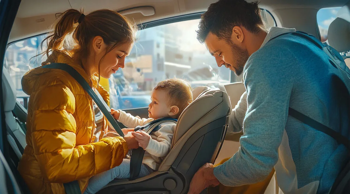 Родители крепят ребенка в автокресле в машине.
