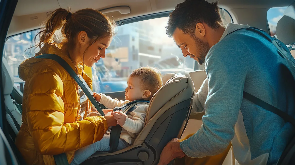 Родители крепят ребенка в автокресле в машине.