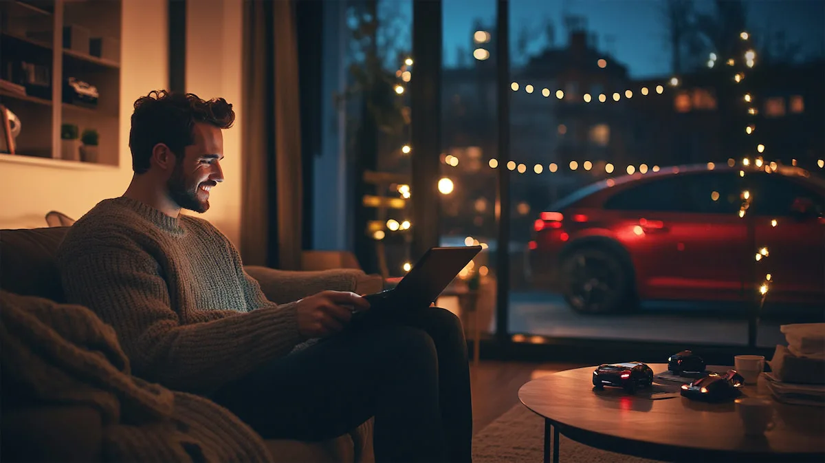 Мужчина с ноутбуком дома, у окна ночного вида.