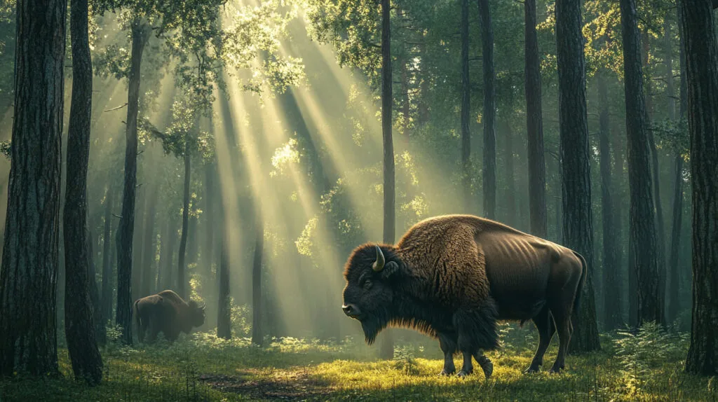 Зубры в солнечном лесу среди деревьев.