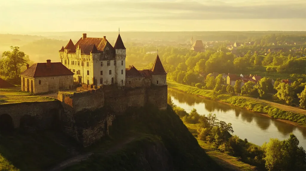 Замок на холме с рекой на закате.