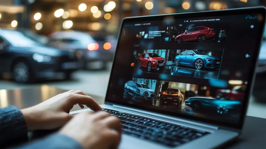 Человек выбирает автомобили на ноутбуке в кафе.