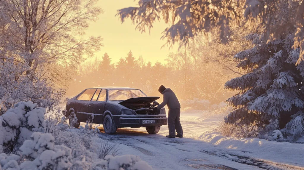 Человек у машины зимой на дороге