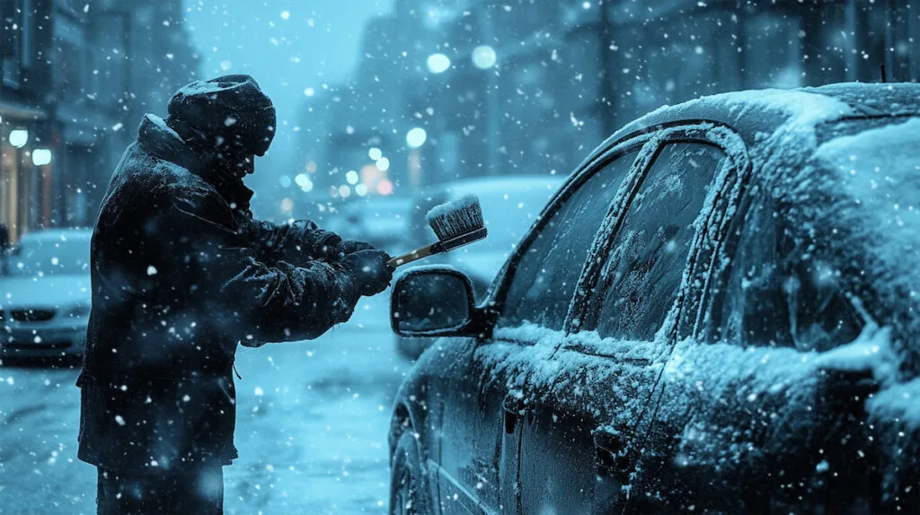 Человек чистит снег с машины в метель.