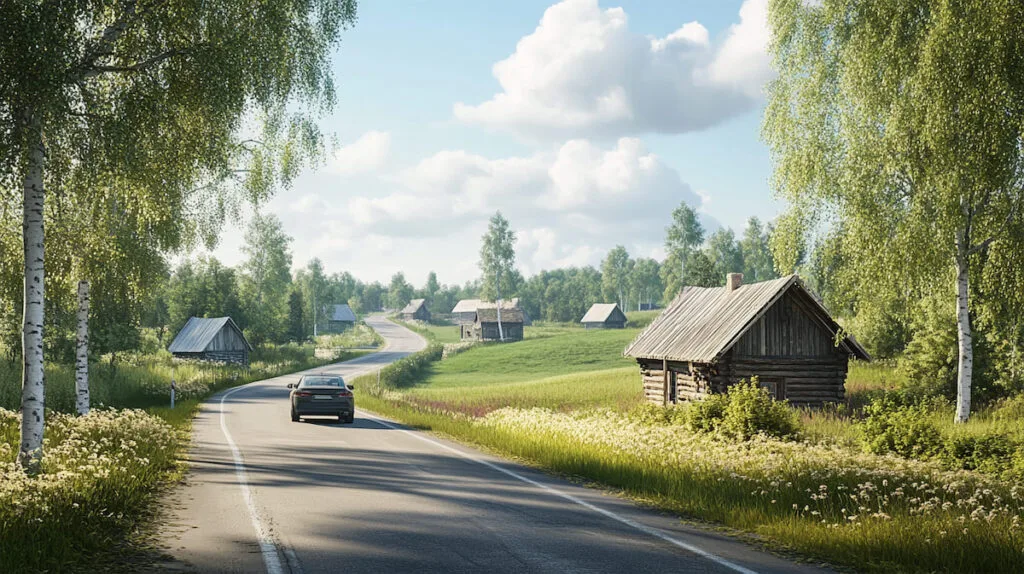 Сельская дорога с машиной среди зелёных полей