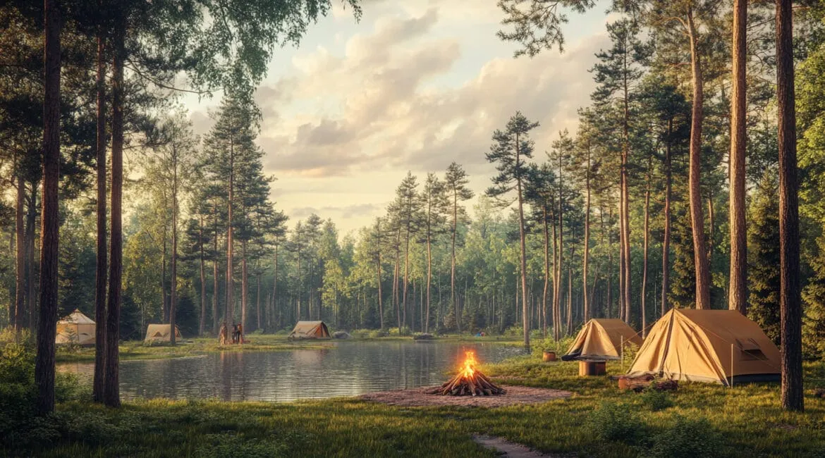 Палаточный лагерь у озера в лесу вечером.