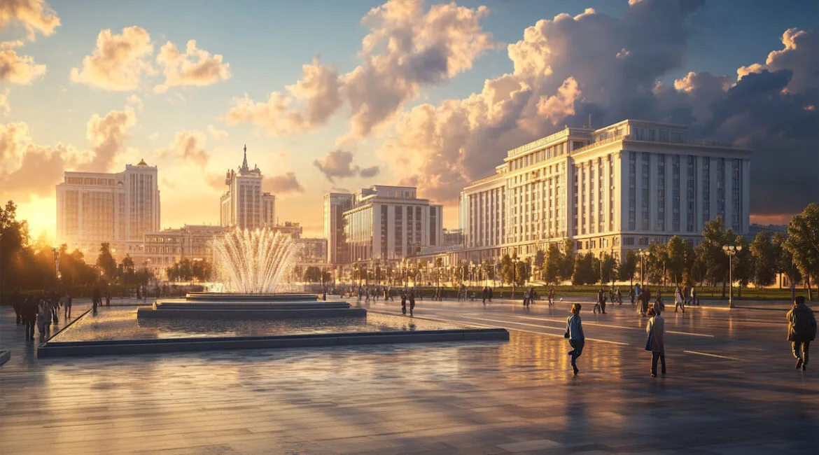 Фонтан на площади, закатное небо с облаками.