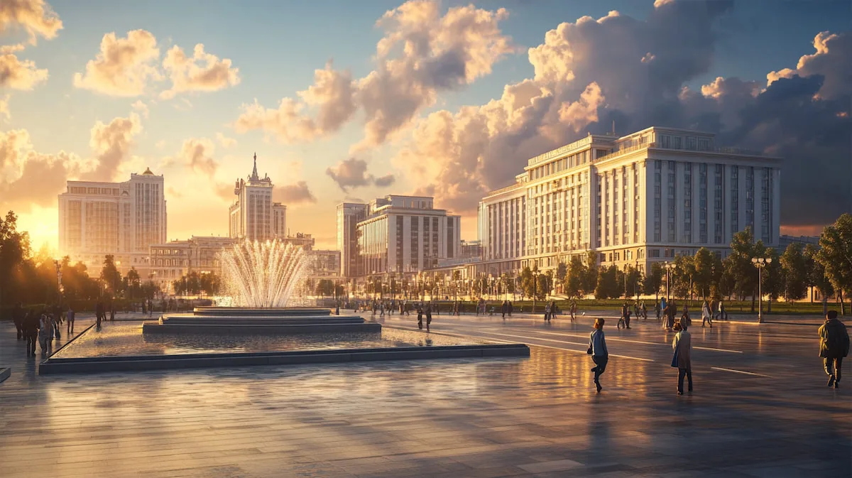 Фонтан на площади, закатное небо с облаками.