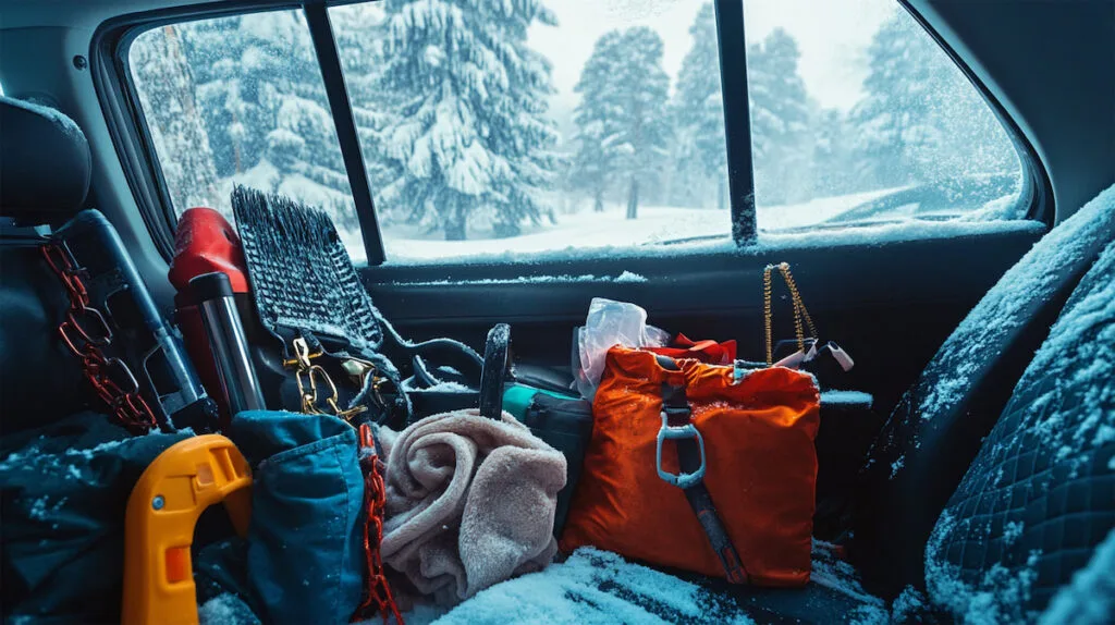 Инструменты и снаряжение в заснеженной машине