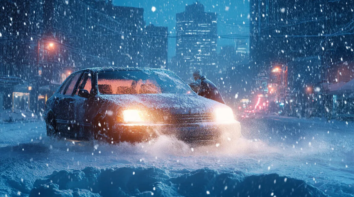 Автомобиль в снегопаде на городской улице ночью.