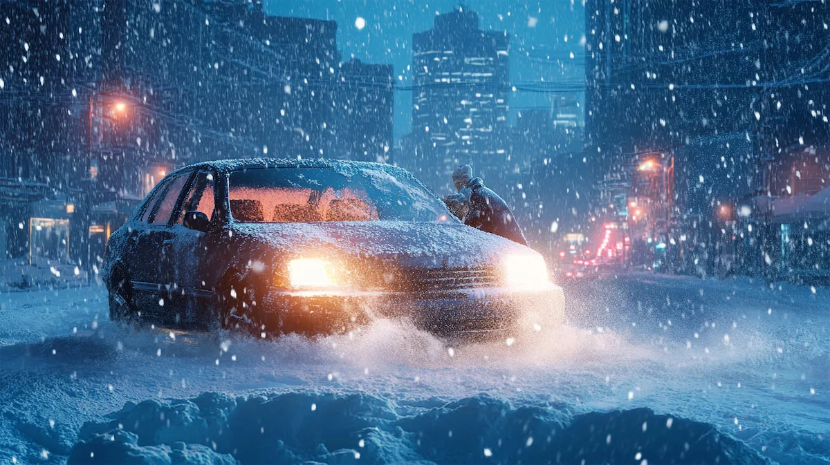 Автомобиль в снегопаде на городской улице ночью.