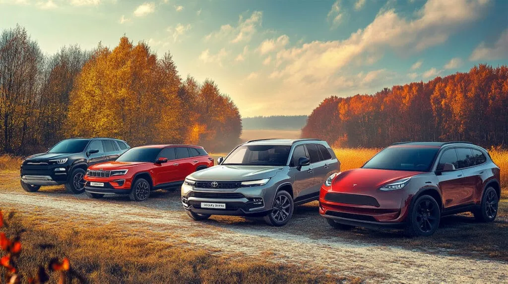 Четыре автомобиля на фоне осеннего леса