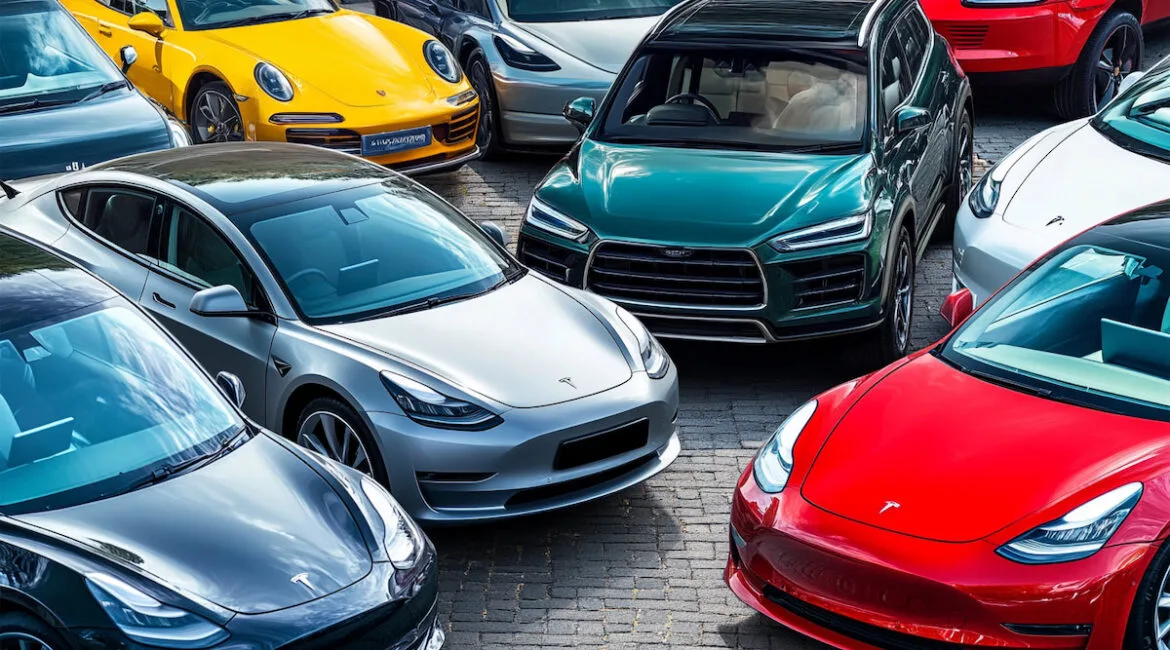 Стоянка с разноцветными автомобилями разных марок