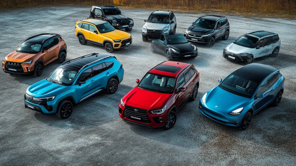 Группа автомобилей на асфальте, вид сверху.