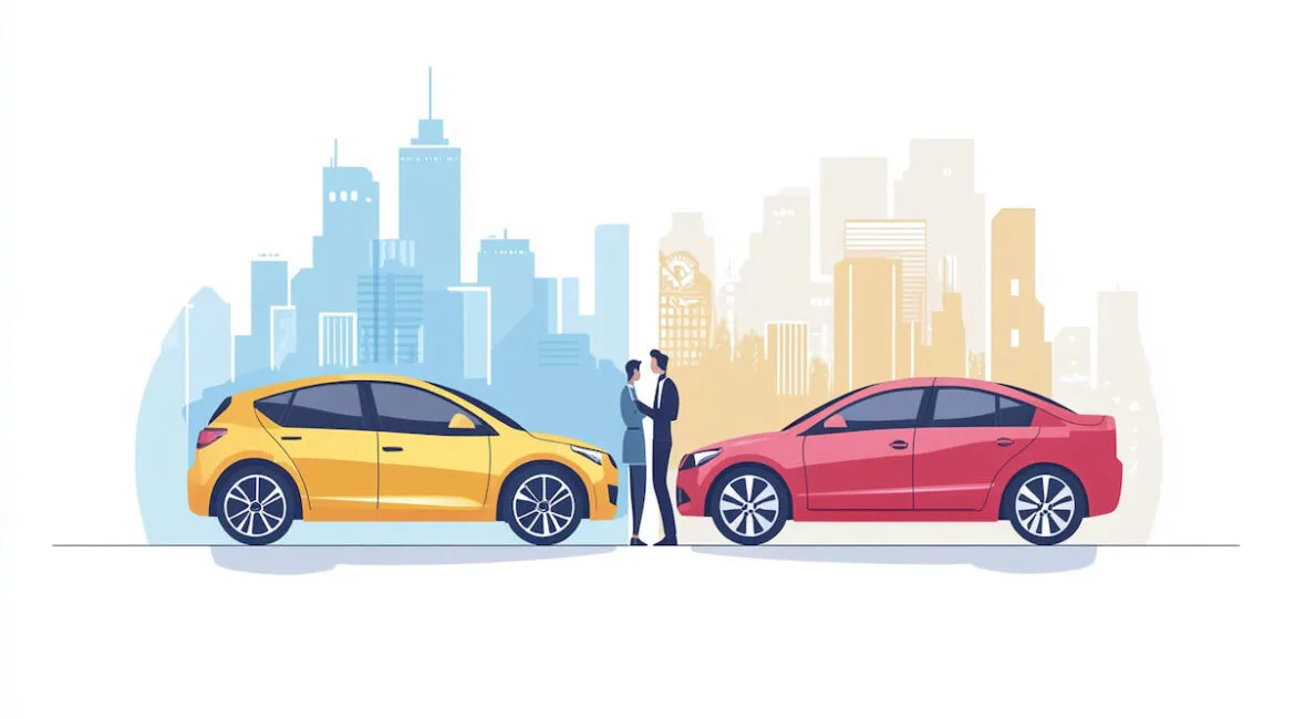 Город, пара, жёлтая и красная машины.