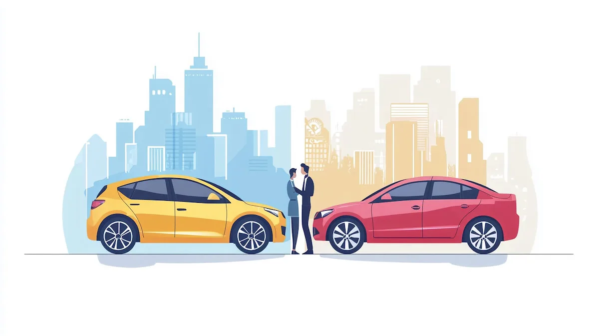 Город, пара, жёлтая и красная машины.