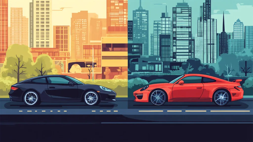 Два спортивных автомобиля на фоне города