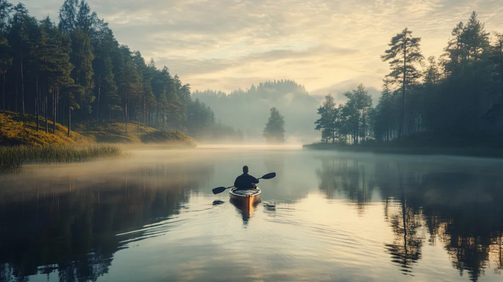 Человек на каяке в тумане по озеру на рассвете.