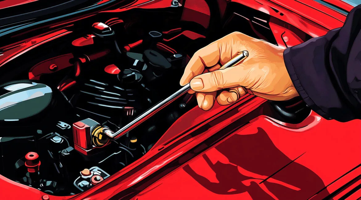 Ремонт двигателя автомобиля красного цвета, рука с инструментом.