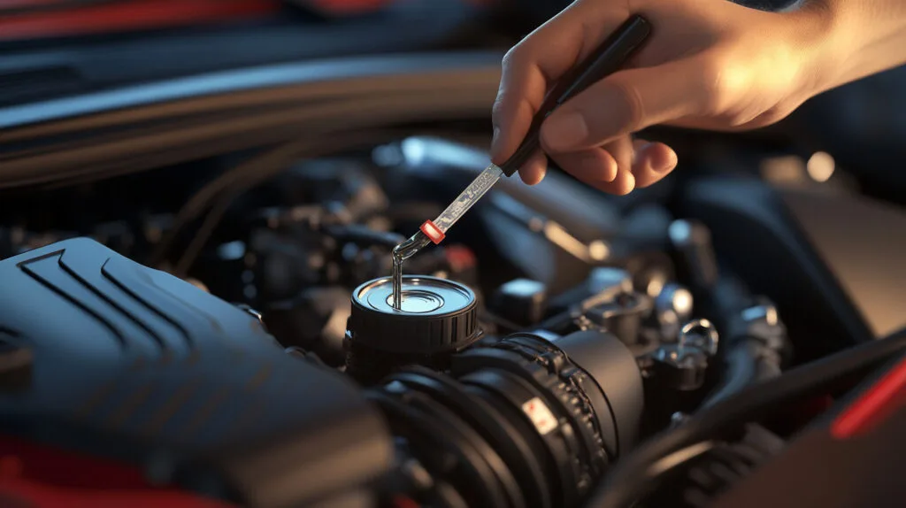 Измерение уровня масла в двигателе автомобиля.