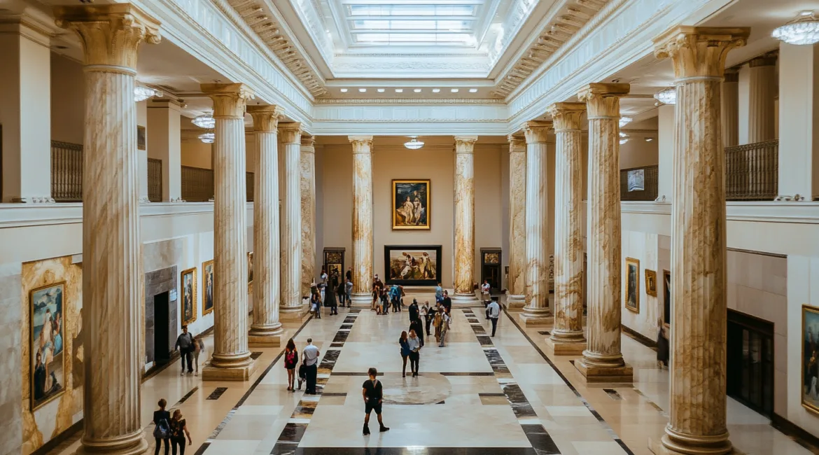 Внутренний вид музейного зала с колоннами и посетителями.