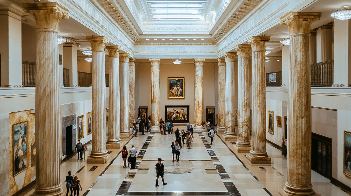 Внутренний вид музейного зала с колоннами и посетителями.