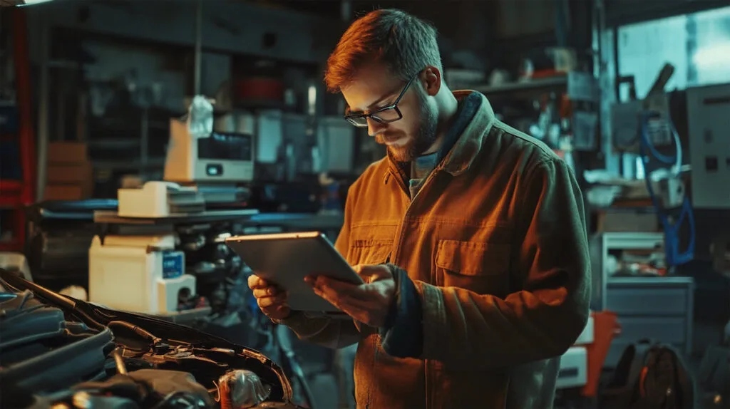 Механик с планшетом в гараже.