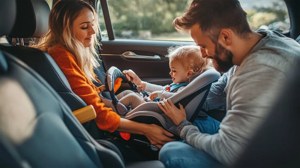 Ребёнок в автокресле с родителями в машине.