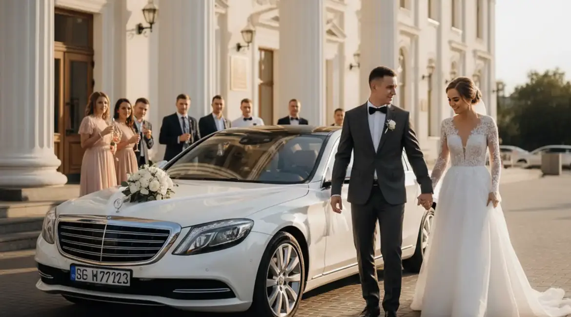 Свадебный кортеж в Минске: белый Mercedes S-Class у выхода из ЗАГСа