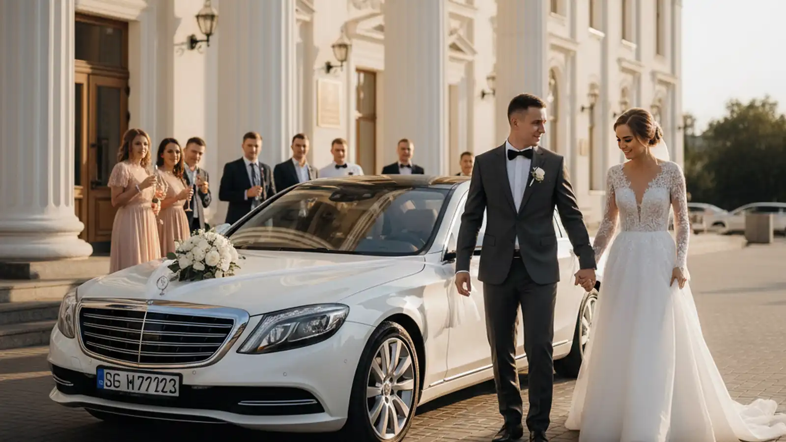 Свадебный кортеж в Минске: белый Mercedes S-Class у выхода из ЗАГСа