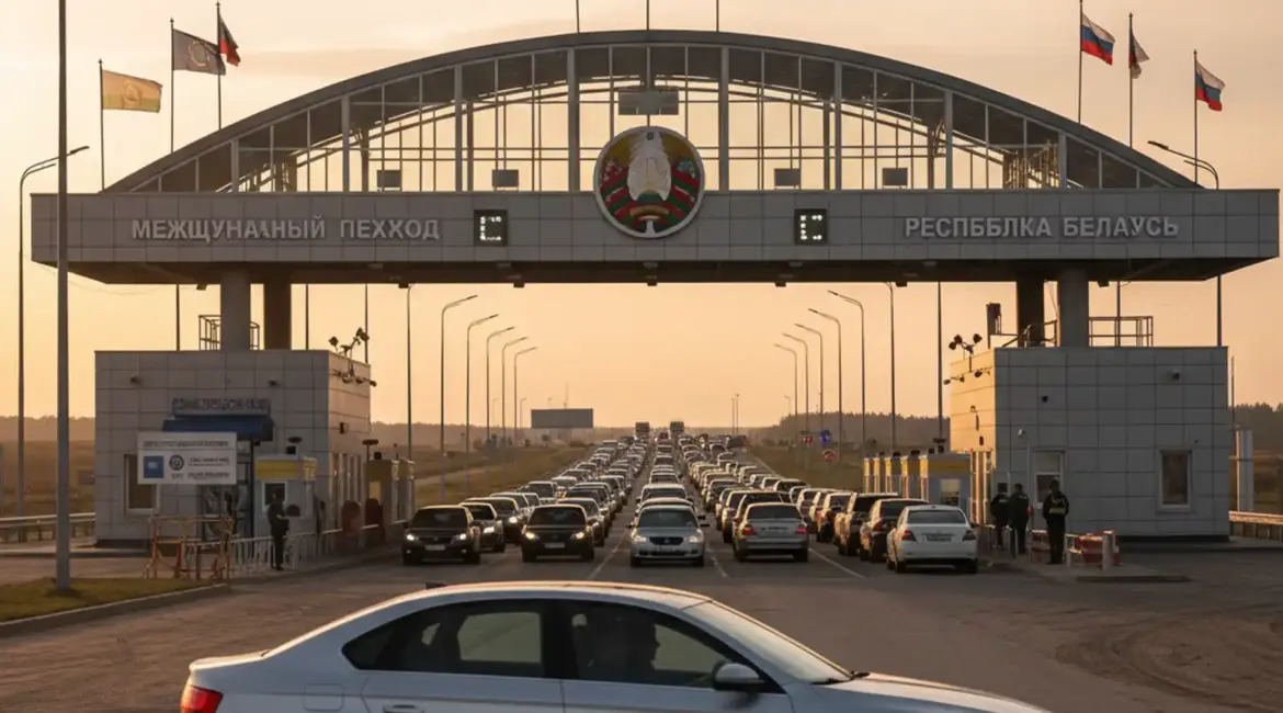 Очередь на белорусском пункте пропуска на закате