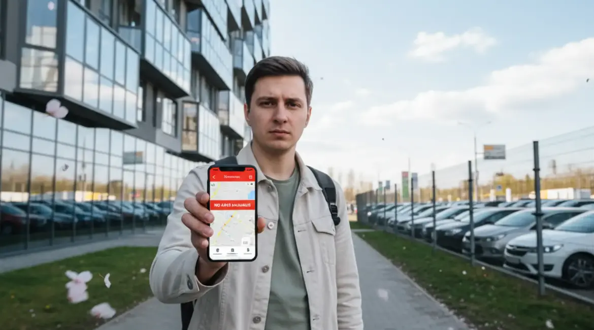 Молодой человек с телефоном на фоне пустого каршеринга и заполненной парковки проката